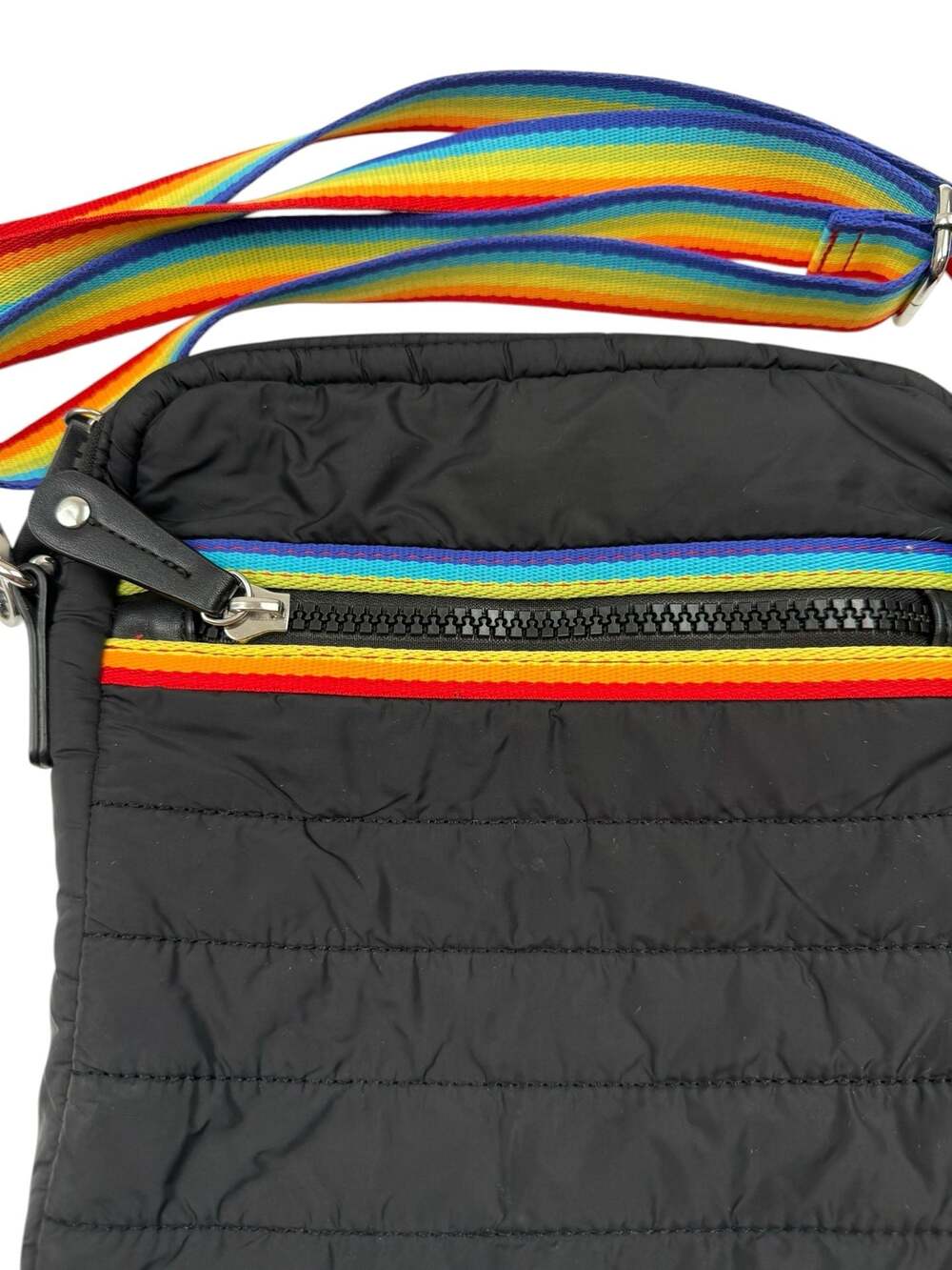 Sondra Roberts Squared Black Quilted Puffer Crossbody Bag with Rainbow Strap - Picture 2 of 8